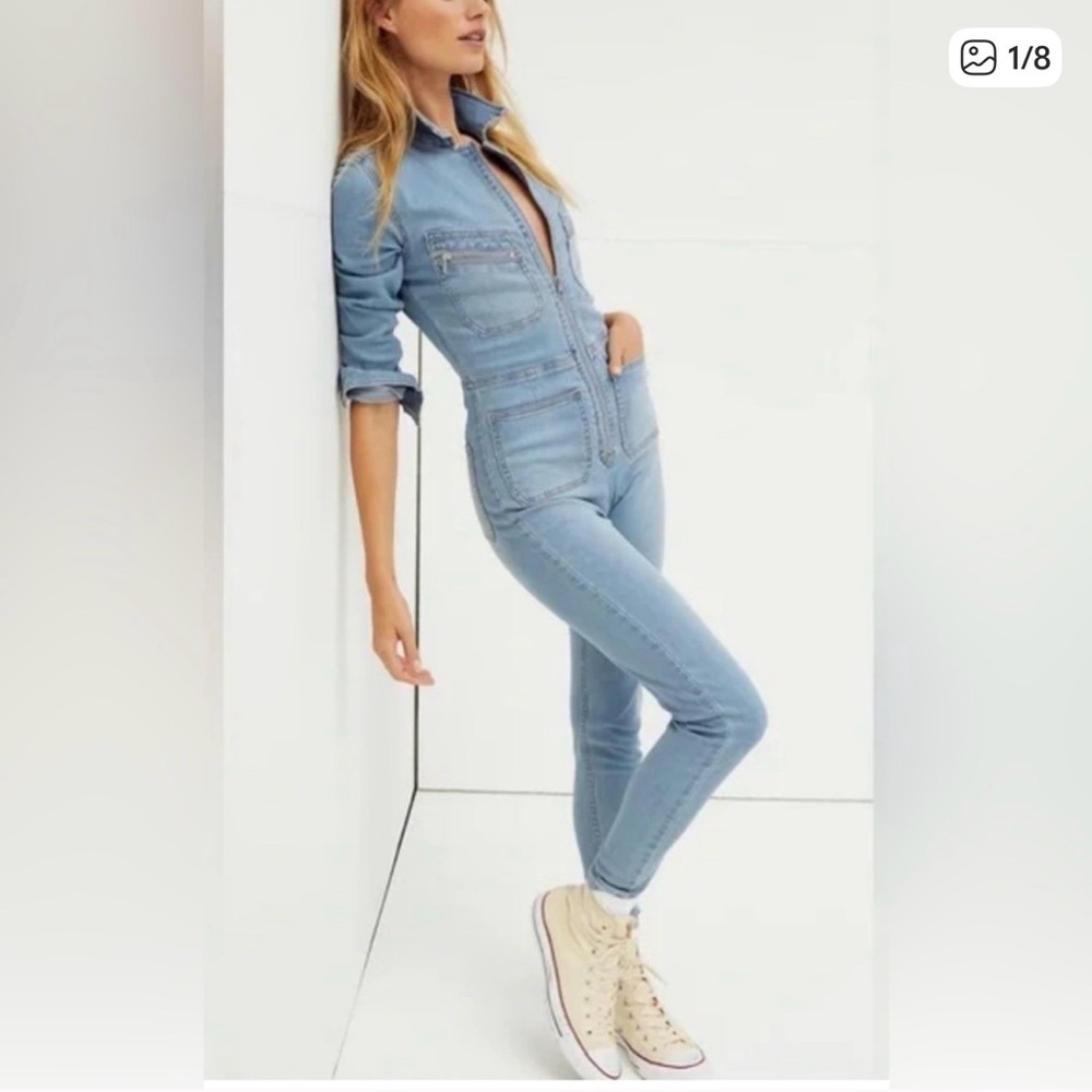 Free People Lennox Light Blue Denim Jumpsuit